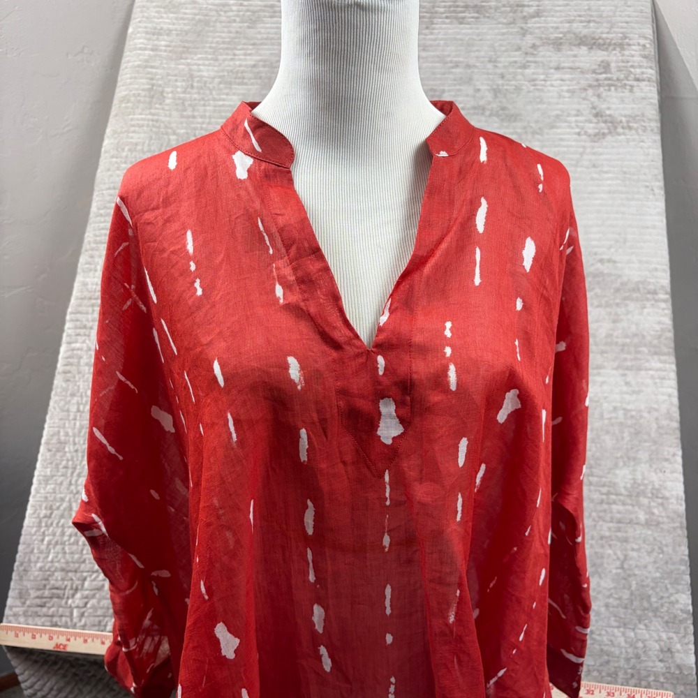 Ottod'Ame Red White Abstract Dash Print Linen Split Neck Oversized Tunic Top